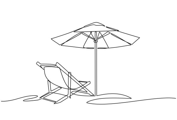 концепция летнего отдыха, песчаный пляж, зонтик, шезлонг - outdoor chair illustrations stock illustrations