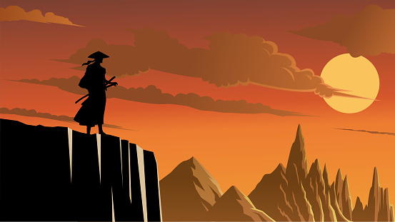 A silhouette style vector illustration of a samurai warrior standing on a cliff with mountain range in the background. Wide space available for your copy.
