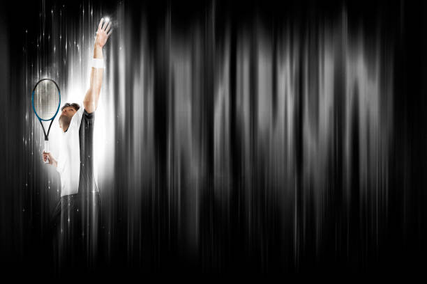 Tennis Player with a white uniform on a black and white background looking like a super hero.
