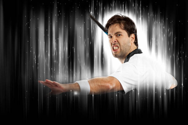 Tennis Player with a white uniform on a black and white background looking like a super hero.