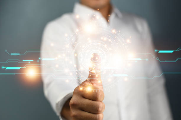 istock Businessman fingerprint scan provides security access with biometrics identification. Concept Business Technology Data connection Internet Network. 1417512981