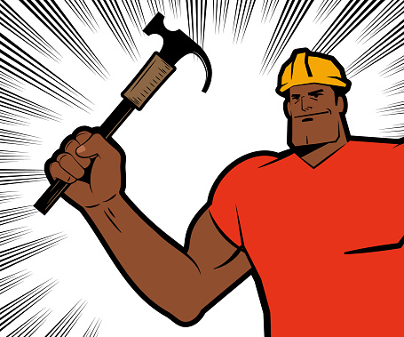 Characters Design Vector Art Illustration.
An original illustration of a strong worker with a hardhat smiling and holding a claw hammer in a vintage propaganda style, with a background with comic effects lines.