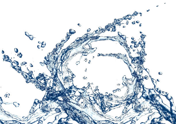 salpicaduras de agua azul y fondo blanco - water flowing water pouring ice fotografías e imágenes de stock