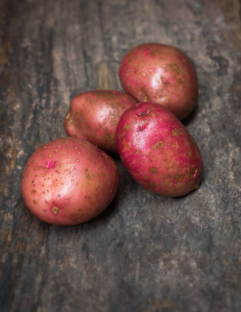 batatas pontiac vermelhas em uma superfície de madeira - red pontiac potatoes - fotografias e filmes do acervo