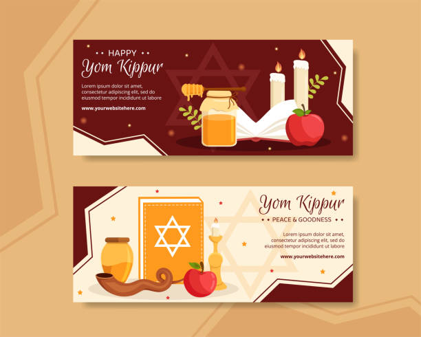 yom kippur day celebration horizontal banner template hand drawn cartoon flat illustration - yom kippur illüstrasyonlar stock illustrations