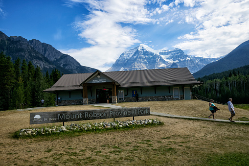 Tourists at Visitor Center in Mount Robson Provincial Park, BC, Canada in summer.