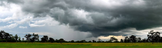 istock Panorama Super storm with sun light , Dark sky and dramatic black cloud before rain.rainy storm over rice fields. 1417529768