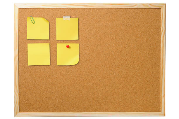 Blank adhesive note paper on cork texture background isolated.