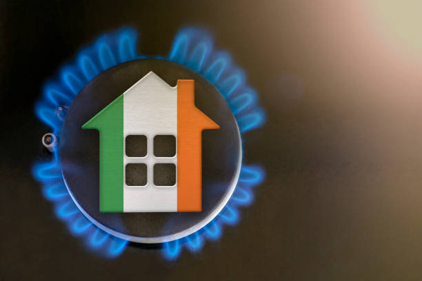 gas crisis. Rising utility costs in Ireland. Energy crisis, export-import problems in Ireland. The concept, gas burner and house model are colored in the colors of the flag crisis del gas. aumento de los costes de los servicios públicos en irlanda. crisis energética, problemas de exportación e importación en irlanda. el concepto, el quemador de gas y el modelo de la casa están coloreados en los colores de la bandera.