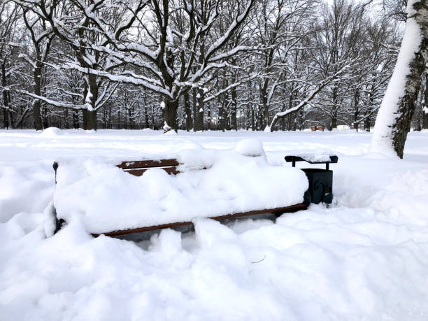 istock Bench in the park covered with snow. Snowy winter 1417538401
