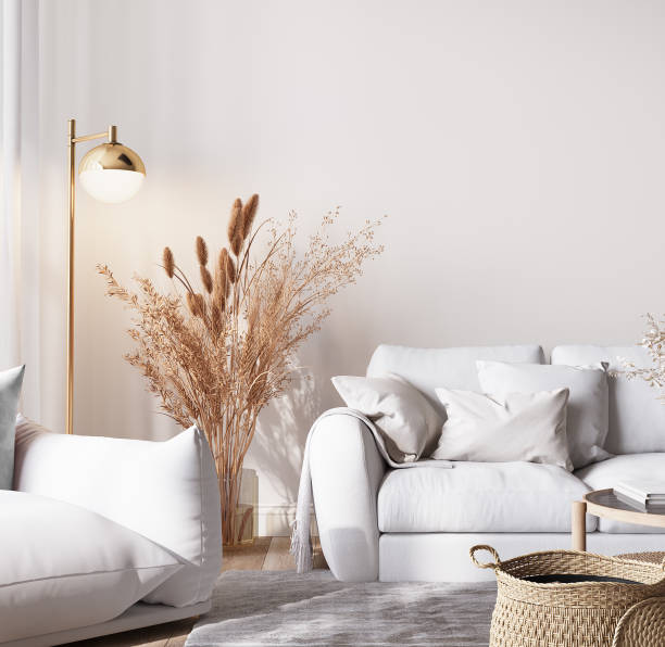 istock Mockup frame in Scandinavian interior background, bright room in white neutral colors, Boho style 1417539104