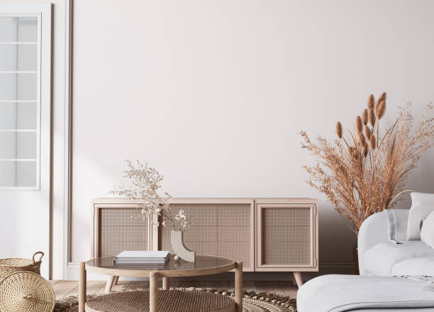 istock Mockup frame in Scandinavian interior background, bright room in white neutral colors, Boho style 1417539105