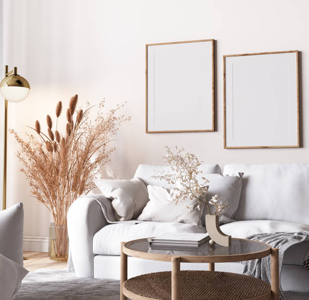 istock Mockup frame in Scandinavian interior background, bright room in white neutral colors, Boho style 1417539126