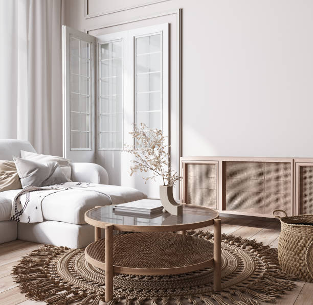 istock Mockup frame in Scandinavian interior background, bright room in white neutral colors, Boho style 1417539129