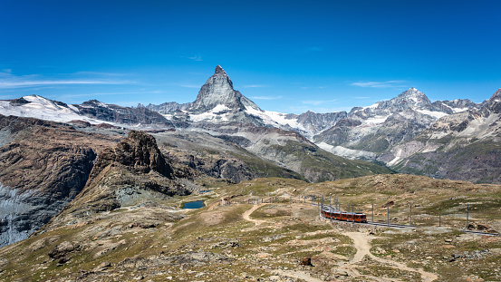 Matterhorn Panorama with Gornergrat Bahn Railway Train Zermatt Swiss Alps