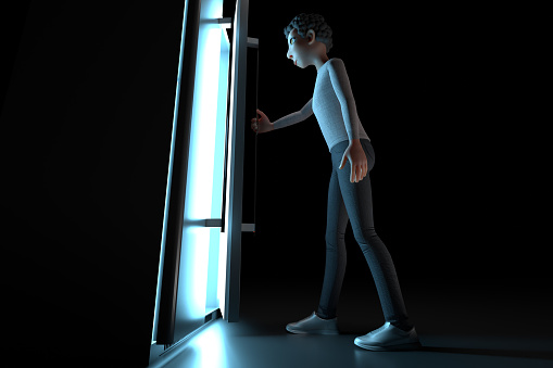 3D rendering of cartoon person and fridge
