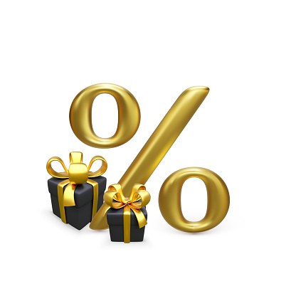 Golden Percent Symbol with black gift box with gold bow. Special offer or discount design element for banner and poster. Vector illustration