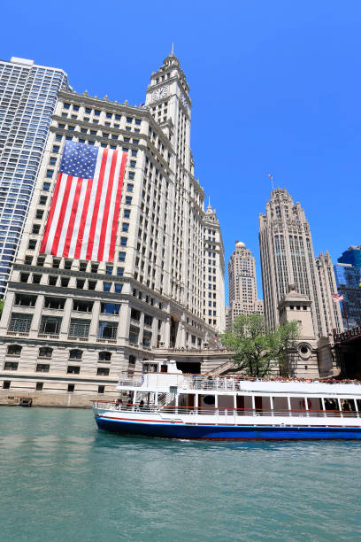 Cruise boat on Chicago River, with USA flag, United states of america