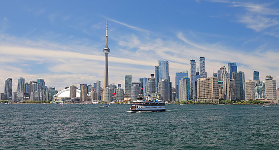 Panoramic view of Toronto skyline and CN Tower and ferry at sunset, Ontario, Canada