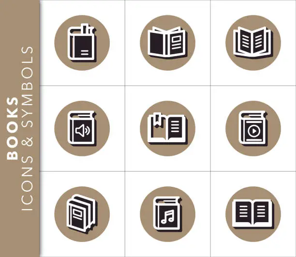 Vector illustration of Icons and symbols set related to books and documents with shadow on brown background.