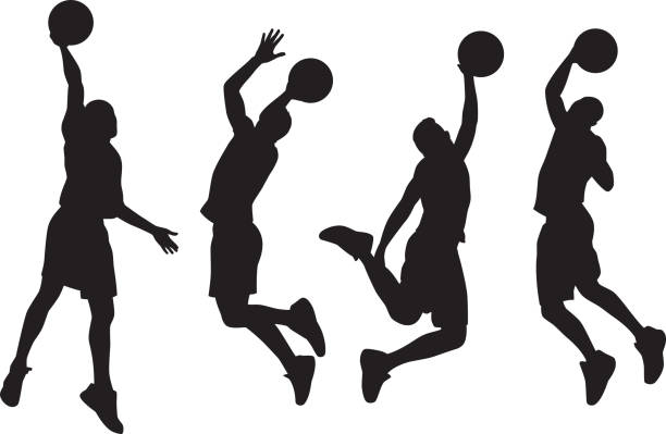 Basketball Player Slamdunk Silhouettes Vector silhouettes of four basketball players jumping. making a basket scoring stock illustrations