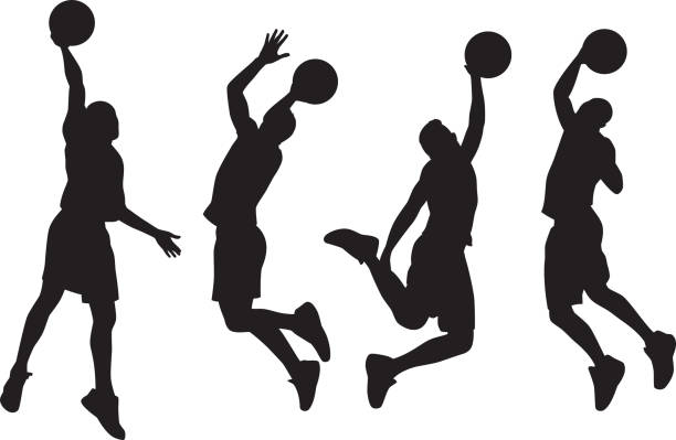 Basketball Player Slamdunk Silhouettes Vector silhouettes of four basketball players jumping. silhouette of basketball player slam dunk stock illustrations