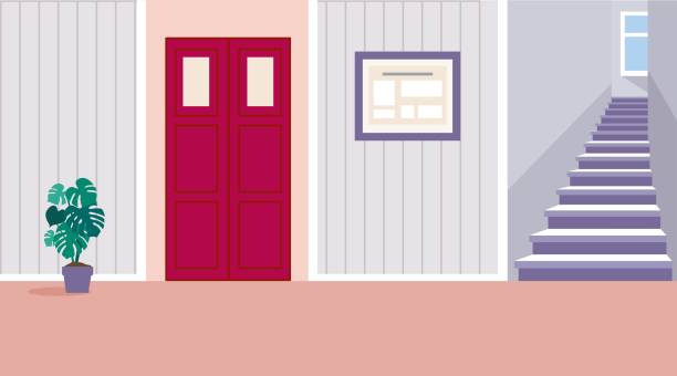 illustrations, cliparts, dessins animés et icônes de corridor résidentiel vectoriel avec porte - vehicle door illustrations