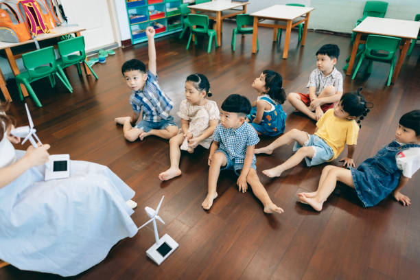 Teacher teaching concepts of windmill in the classroom to students