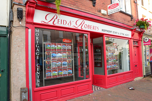 Holywell, Flintshire, UK: Aug 14, 2022: Reid and Roberts estate agency is an independent small business on the High Street