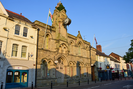 Holywell, Flintshire, UK: Aug 14, 2022: A general street scene of the High Street featuring the Town Hall
