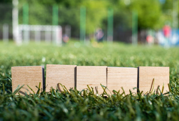 cinq cubes de terrain de football en bois, mocap - vacant block photos et images de collection