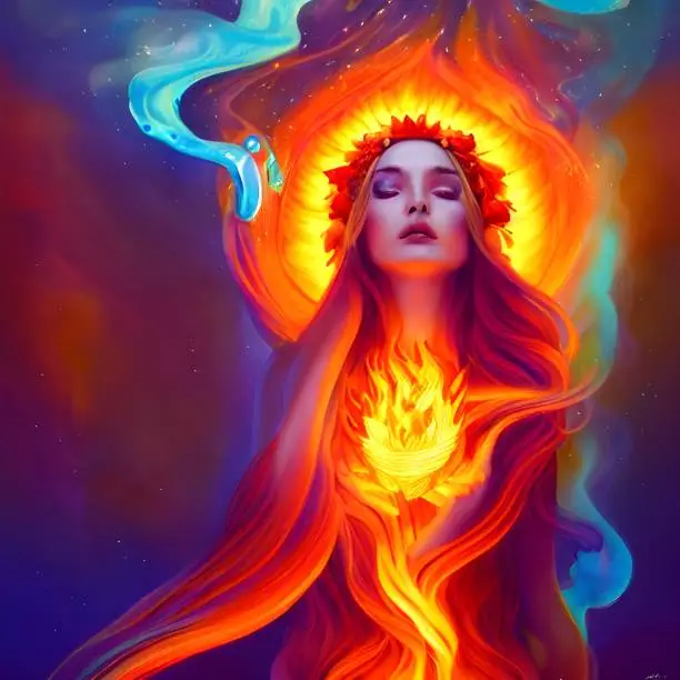 Goddess of fire, swirling blue fire magic. Clothed in fire and glowing liquid amber. Incredibly detailed, maximalist matte painting. Portrait of a Goddess. Colorful, bright. Goddess of the fire magical enchanted world.