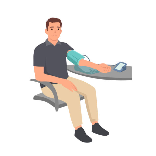 young man taking his blood pressure at home. healthy lifestyle. flat vector illustration isolated on white background - 血壓計 幅插畫檔、美工圖案、卡通及圖標