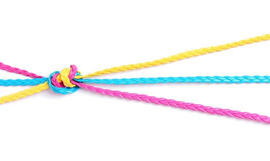Braided cords painted pink, blue and yellow knotted together isolated on white background. Creative cooperation and teamwork concept.