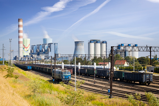 A modern coal-fired power plant with a railway siding in Opole, Poland