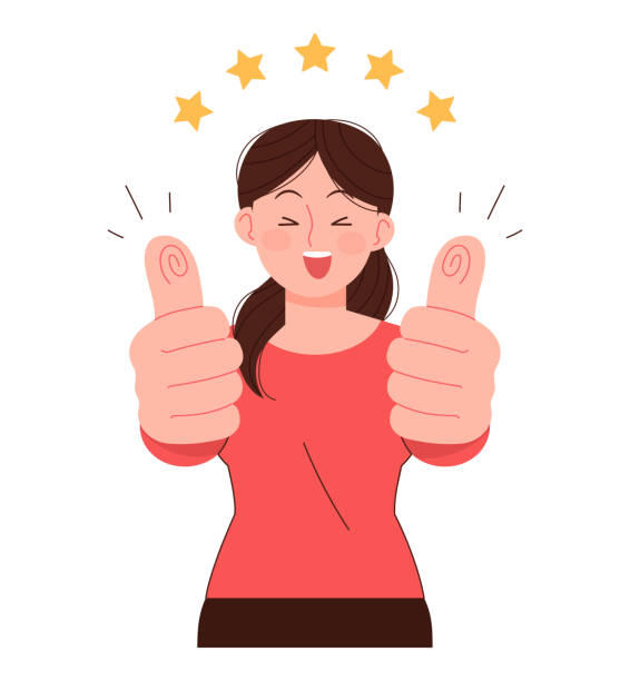 A woman in a pose with two thumbs up. Best, Cheer, Five Star concept vector illustration. funny contract stock illustrations
