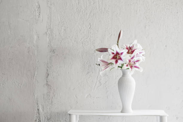 beautiful lilies in ceramic vase on background white wall