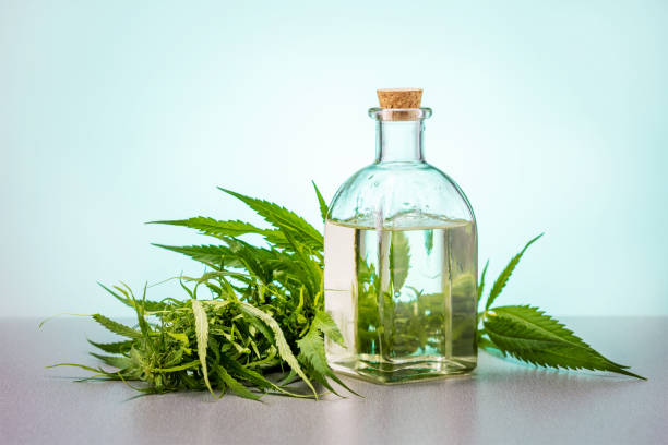istock cannabis oil and hemp on green background with copy space. 1417564648