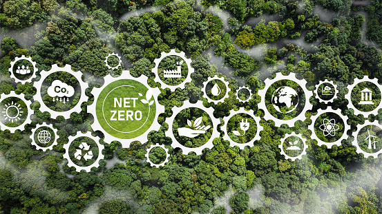 Net Zero, a concept that demonstrates a net zero emissions target. Carbon Dioxide Emissions In a bird's-eye view with a grid of Net Zero icons.