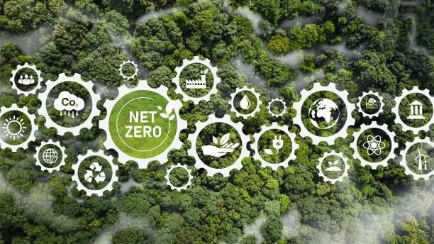 Photo of Net Zero, a concept that demonstrates a net zero emissions target. Carbon Dioxide Emissions In a bird's-eye view with a grid of Net Zero icons.