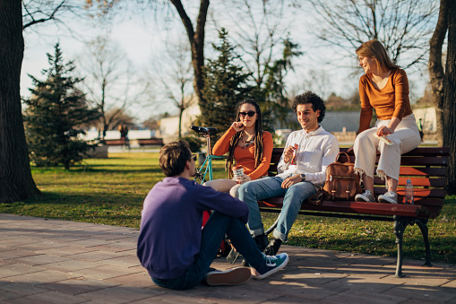 A multiracial  group of students spend the weekend hanging out in the park and enjoying the sun