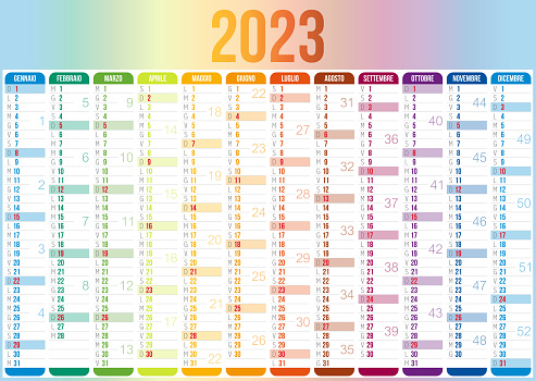 Calendar 2023 - Italian version (versione italiana). Need another version, another year... Check my portfolio. Vector Illustration (EPS file, well layered and grouped). Easy to edit, manipulate, resize or colorize. Vector and Jpeg file of different sizes.