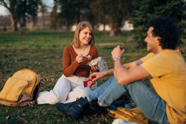 istock While sitting on a picnic blanket in a public park, a man eats a chocolate bar and his friend eats a healthy salad from a plastic box 1417567111