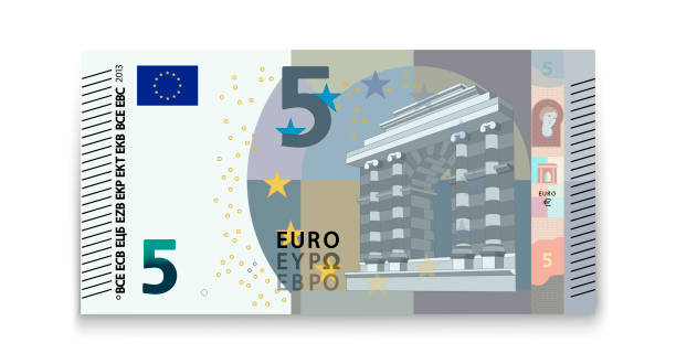 illustrazioni stock, clip art, cartoni animati e icone di tendenza di cinque banconote in euro su fondo bianco. - bce