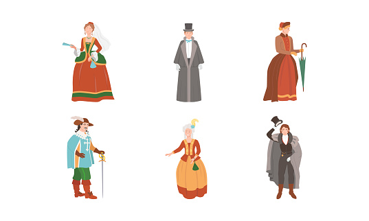 European aristocracy people in ancient clothes of the 18th century set vector illustration isolated on white background