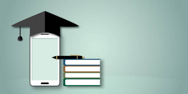 istock Smartphone with graduation cap, pen and books. mockup mobile phone, technology and learn online concept. 1417569480