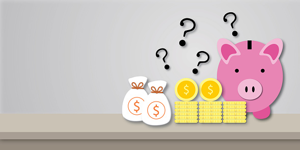 Question mark with piggy bank, coins and money bags on table and gray background. Concept for Financial or investment and economic problems. copy space for text. illustration paper cut design style.