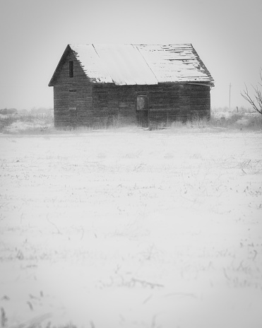 A vertical shot of an old barn in the snowy meadow.