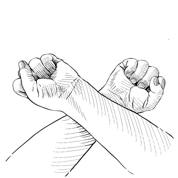 ilustrações, clipart, desenhos animados e ícones de braços femininos levantados cruzados com punhos fechados. ilustração vetorial em preto e branco no fundo branco - bucci
