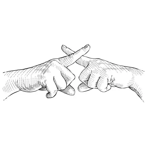 Vector illustration of Female hands forming a cross with the fingers in the gesture of refusal. Black and white vector illustration on white background